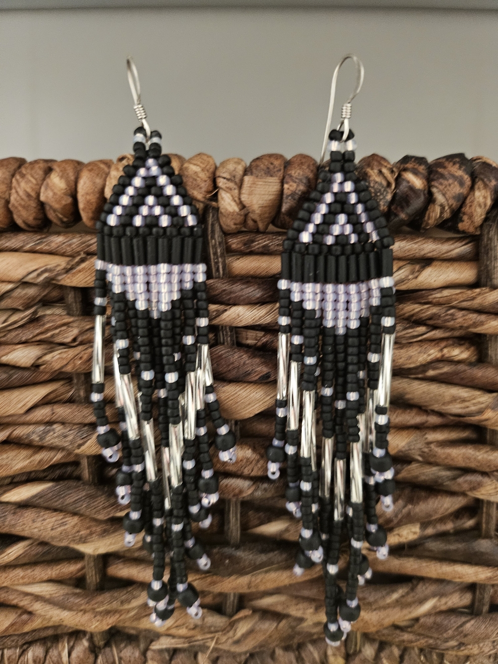 Handmade Black and Silver Beaded Fringe Earrings